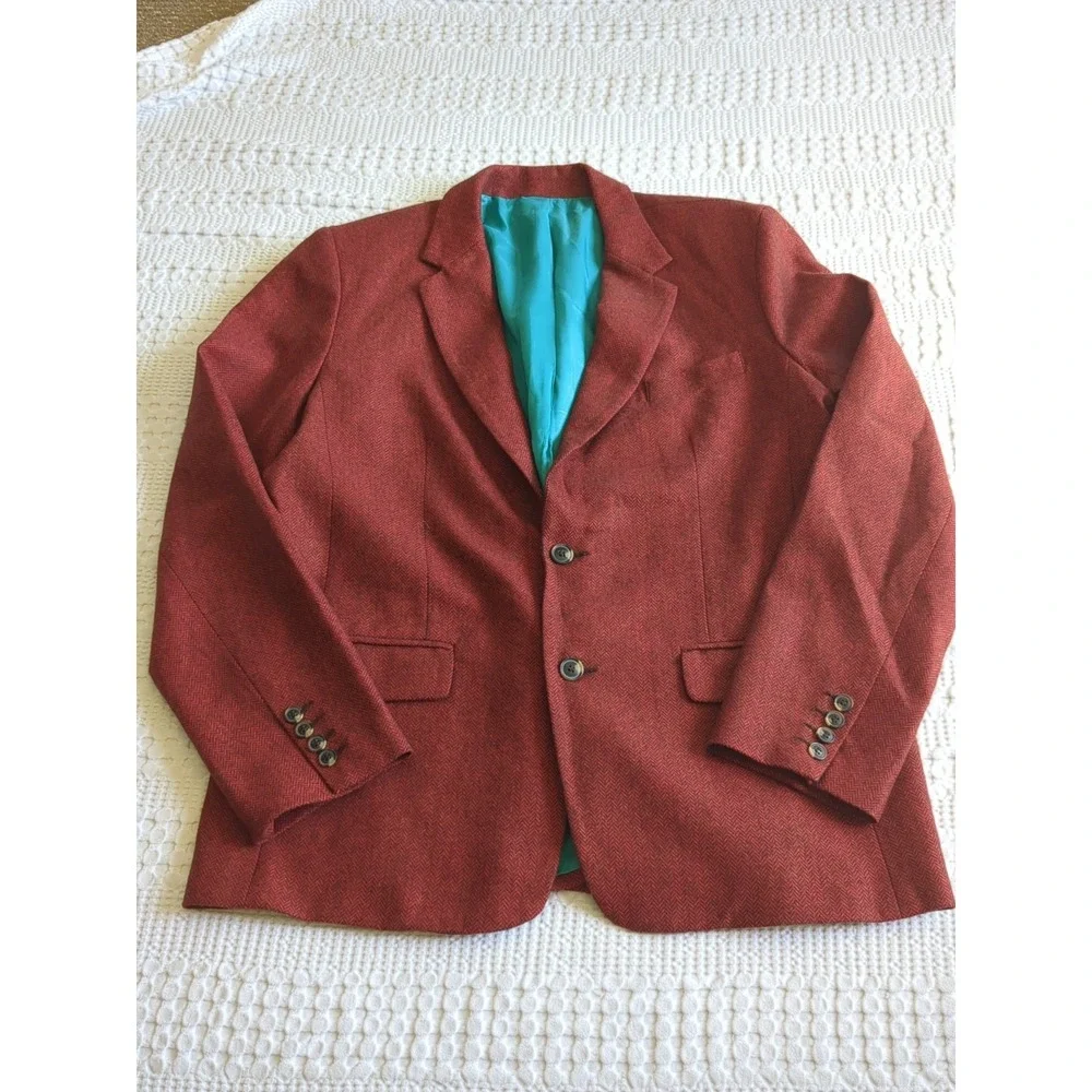 Mr Turk Blazer Herringbone Wool Blend Red Turquoise‎ 2 Button Size 44